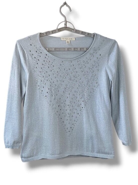 Emaline Sweaters - Emaline Metallic Embellished Sweater 3/4 Sleeve  Slip On Scoop Neck Gray Lg